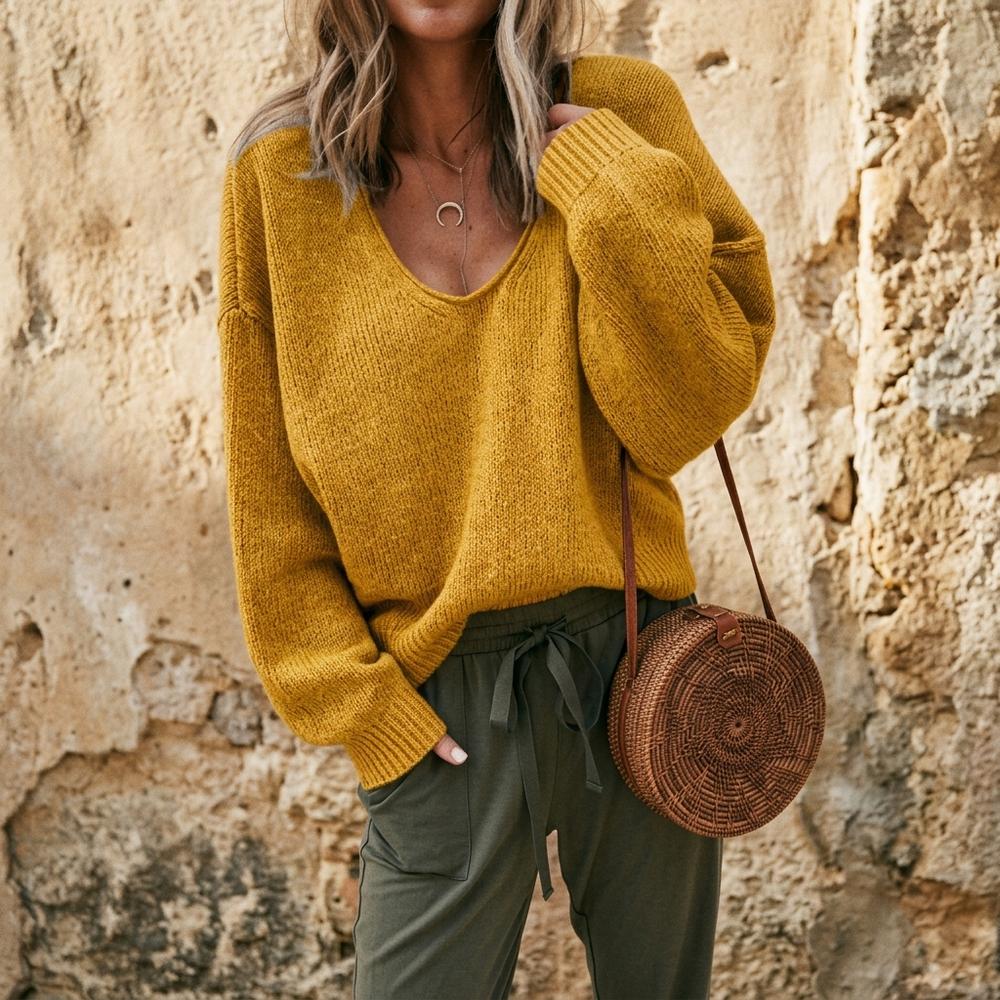 Marvis Mode - Nedan | V-förmiger Gestrickter Pullover Damen
