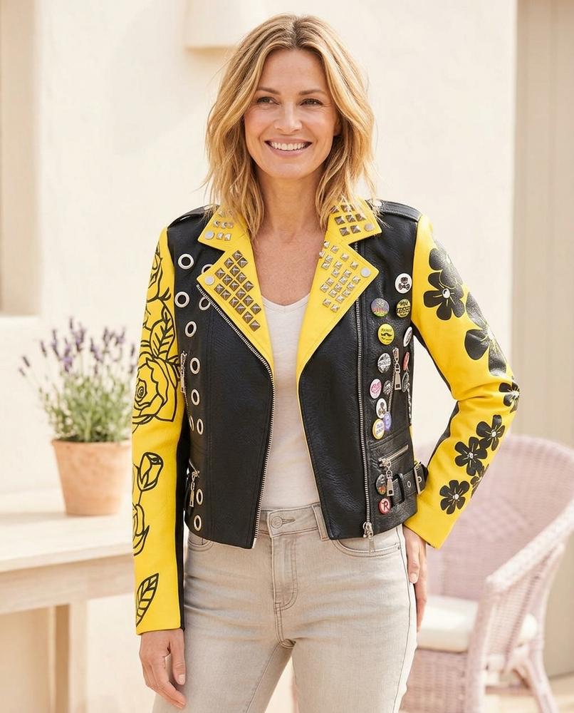 Marvis Mode - Mumul | Verziert Zweifarbig Lederjacke Damen