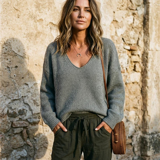 Marvis Mode - Nedan | V-förmiger Gestrickter Pullover Damen