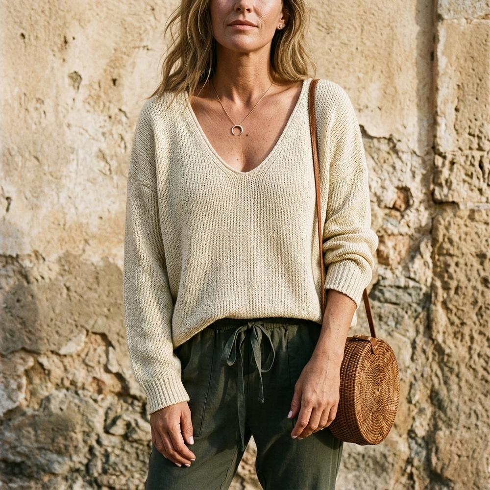 Marvis Mode - Nedan | V-förmiger Gestrickter Pullover Damen