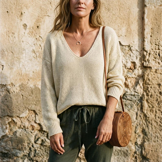 Marvis Mode - Nedan | V-förmiger Gestrickter Pullover Damen