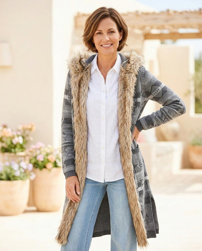 Marvis Mode - Serola | Gemusterter Pelzbesetzter Cardigan Damen