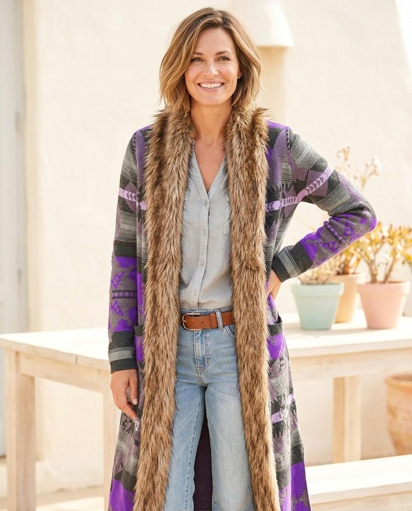 Marvis Mode - Serola | Gemusterter Pelzbesetzter Cardigan Damen