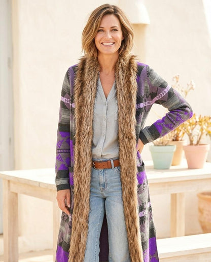 Marvis Mode - Serola | Gemusterter Pelzbesetzter Cardigan Damen