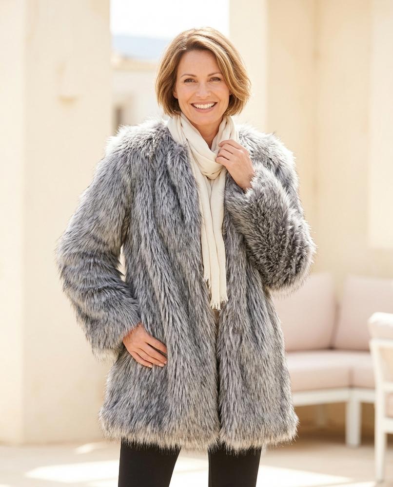 Marvis Mode - Lylan | Langhaariger Kragenloser Mantel Damen