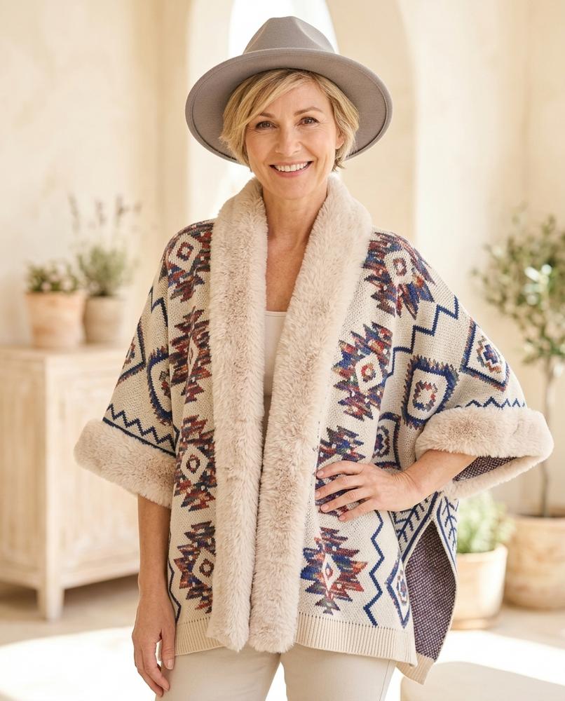 Marvis Mode - Lyram | Gemusterte Pelzbesetzte Strickjacke Damen