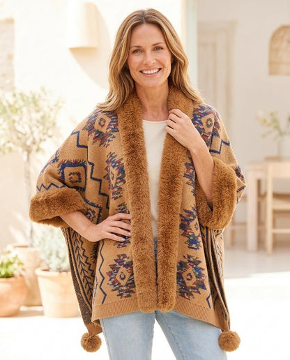 Marvis Mode - Lyram | Gemusterte Pelzbesetzte Strickjacke Damen