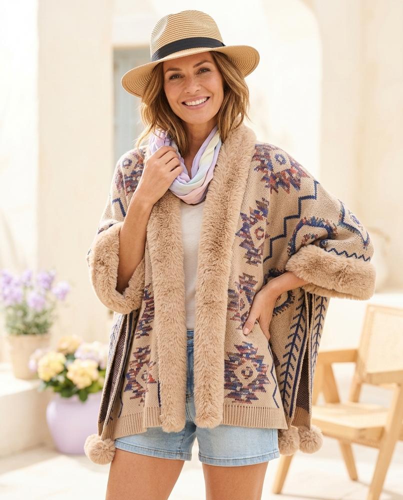 Marvis Mode - Lyram | Gemusterte Pelzbesetzte Strickjacke Damen