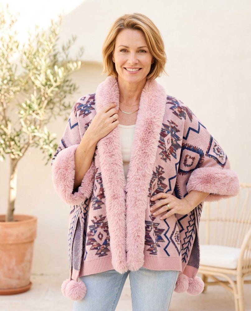 Marvis Mode - Lyram | Gemusterte Pelzbesetzte Strickjacke Damen