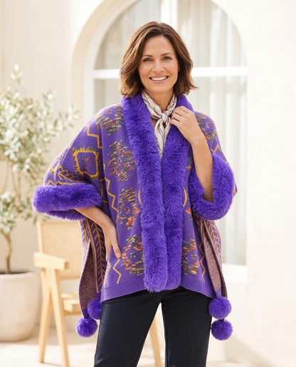 Marvis Mode - Lyram | Gemusterte Pelzbesetzte Strickjacke Damen
