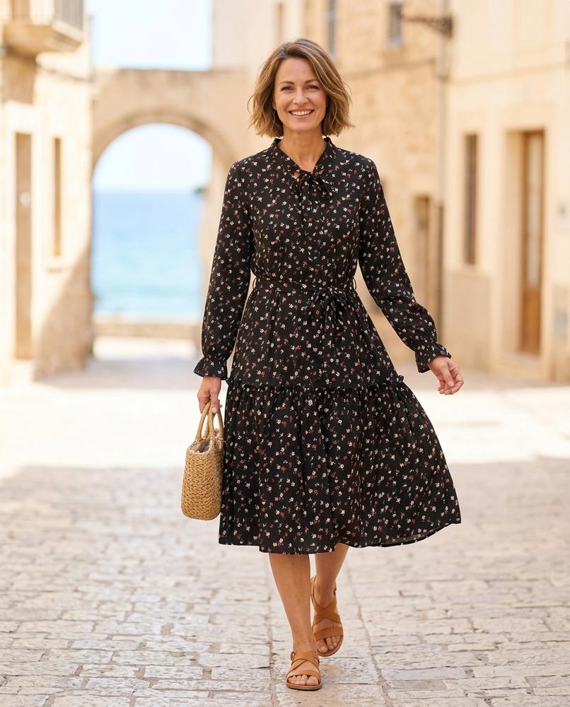 Marvis Mode - Yokuv | Geblümt Langärmlig Kleid Damen