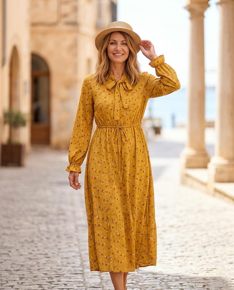 Marvis Mode - Yokuv | Geblümt Langärmlig Kleid Damen