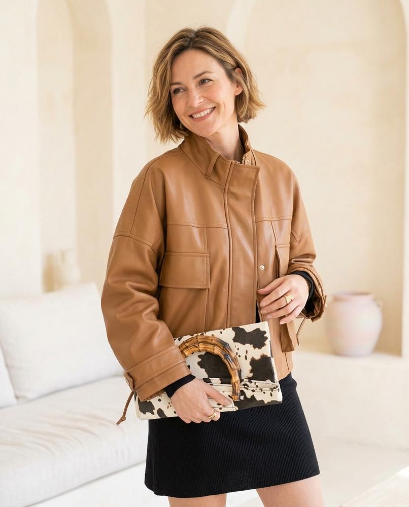 Marvis Mode - Elhal | Kastig Geschnittene Unifarbene Lederjacke Damen