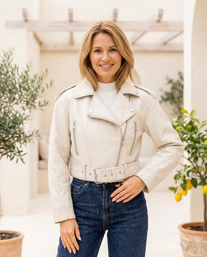 Marvis Mode - Cokis | Gegürtelt Kurzgeschnitten Lederjacke Damen