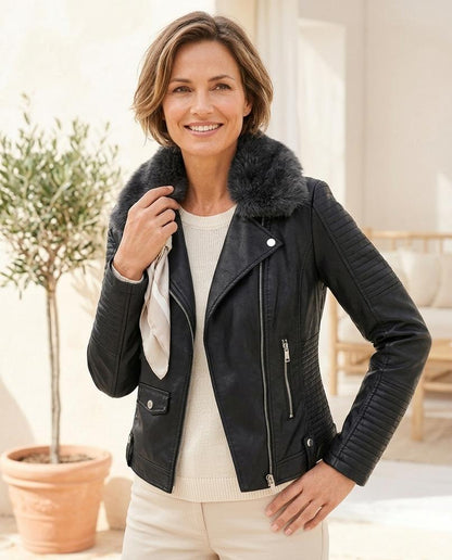 Marvis Mode - Dogam | Pelzbesetzt Asymmetrisch Lederjacke Damen