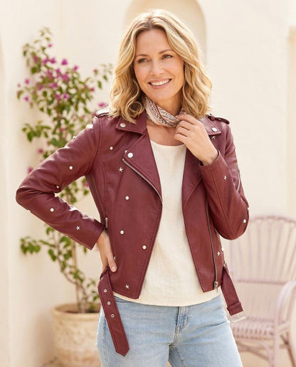 Marvis Mode - Serat | Nietenbesetzt Asymmetrisch Lederjacke Damen