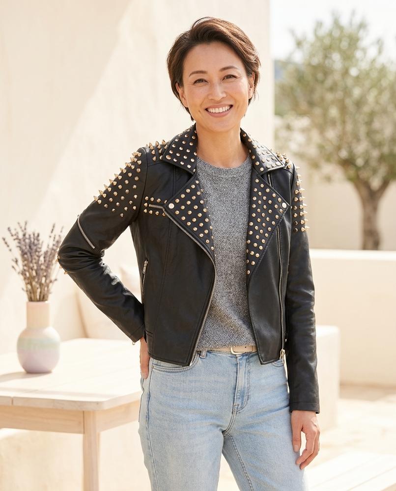 Marvis Mode - Vizem | Nietenbesetzte Asymmetrische Lederjacke Damen