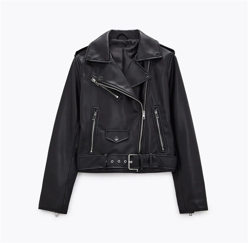 Marvis Mode - Yuhil | Asymmetrisch Gegürtelt Lederjacke Damen