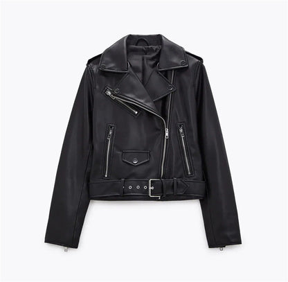 Marvis Mode - Yuhil | Asymmetrisch Gegürtelt Lederjacke Damen